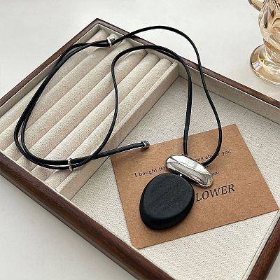 Wood & Alloy Oval Pendant Adjustable Black Waxed Cord Necklaces for Women WG6CE6E-03-1
