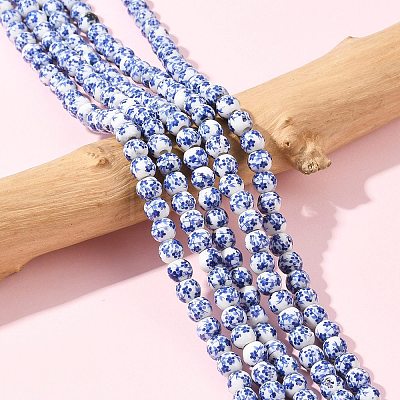 Handmade Flower Printed Porcelain Ceramic Beads Strands X-PORC-M005-6mm-10-1