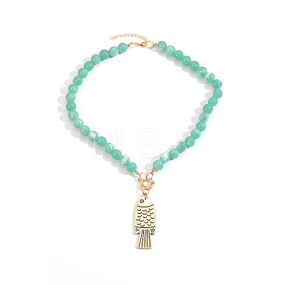 Summer Beach Bohemian Alloy Fish Pendant Resin Round Beaded Necklaces for Women WG6850D-03-1