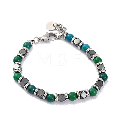 Synthetic Chrysocolla & Magnetic Synthetic Hematite Round Beaded Bracelet BJEW-P339-02P-04-1