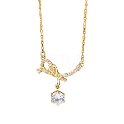 Brass Pave Clear Cubic Zirconia Bowknot Pendant 304 Stainless Steel Cable Chain Necklaces for Women WGFF125-01-1