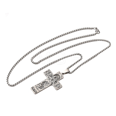 Religion 201 Stainless Steel Hollow Virgin Cross Pendant Necklaces for Men Women NJEW-Z118-01P-1