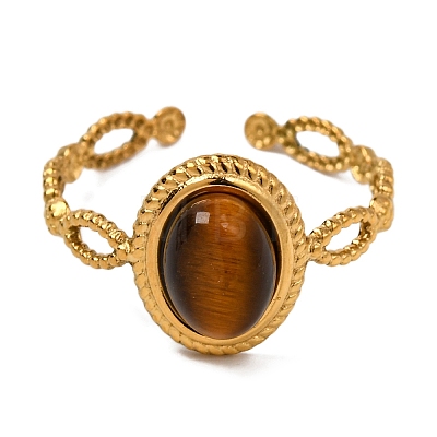 Oval Natural Tiger Eye Finger Rings RJEW-Q822-29G-03-1