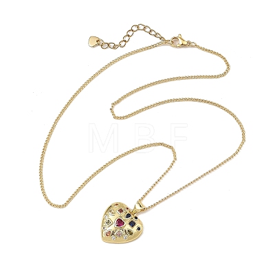 Brass Pave Pink Cubic Zirconia Heart Pendant Brass Curb Chain Necklace for Women NJEW-JN06484-01-1