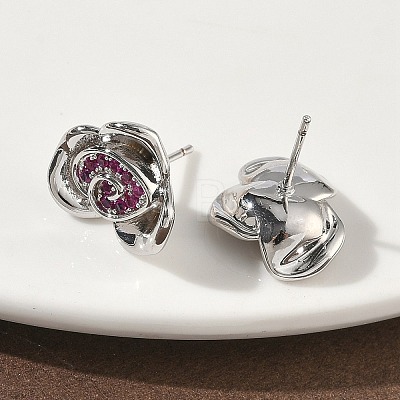 Rose Flower Brass Micro Pave Cubic Zirconia Stud Earrings EJEW-G452-08P-01-1