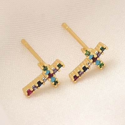 Rack Plating Cross Brass Micro Pave Cubic Zirconia Stud Earrings EJEW-H143-19G-1