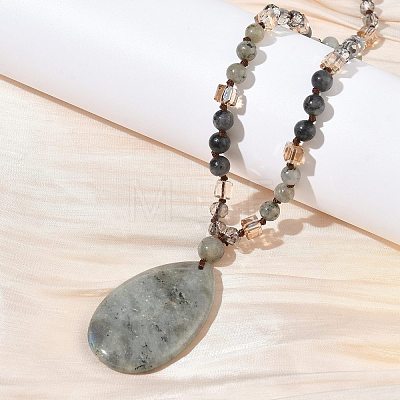 Natural Labradorite Teardrop Pendant Glass Beaded Long Necklaces GG-CBAE048-01D-1