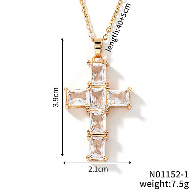 Brass Shiny Clear Cubic Zirconia Cross Pendant Necklaces Fashionable and Versatile NZ6047-1-1