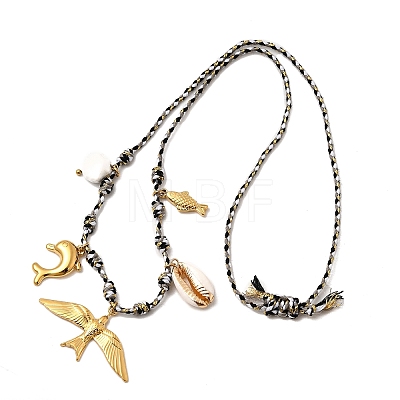 Summer Beach 304 Stainless Steel & Electroplated Natural Shell Pendant Adjustable Polyester Cord Necklaces for Women NJEW-F348-01A-G-1