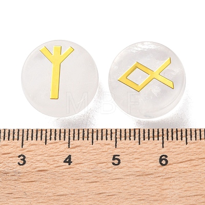 Brass Elder Futhark Alphabet Engraved Symbol Flat Round Natural Quartz Crystal Rune Stones G-I373-01B-1