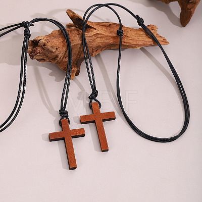 Adjustable Wood Religion Cross Pendant Black Waxed Cord Necklaces for Women Men FS-WGC7380-01-1