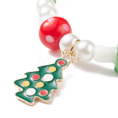 2Pcs 2 Style Glass Pearl & Lampwork Mushroom Beaded Stretch Bracelets Set with Alloy Enamel Christmas Charm for Women BJEW-JB08395-1