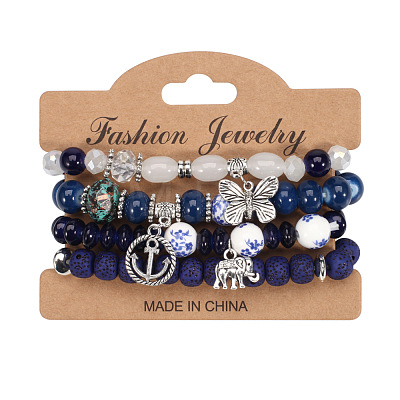 4Pcs Bohemian Style Alloy & Glass & Acrylic Charm Bracelets Set WG8E884-04-1