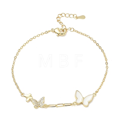 Brass Micro Pave Clear Cubic Zirconia White Butterfly Link Bracelets KK-CBA6980-21G-1