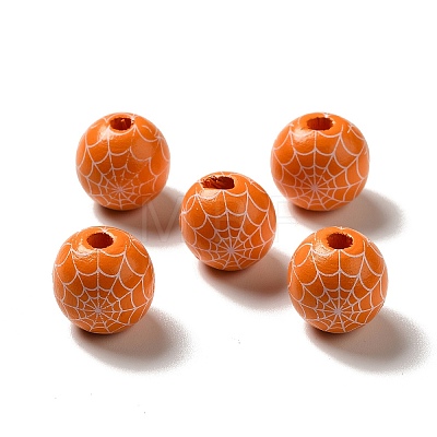 Halloween Printed Spider Webs Colored Wood European Beads WOOD-K007-04H-1