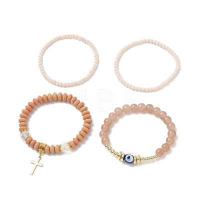 4Pcs 3 Style Lampwork Evil Eye & Glass & Synthetic Hematite Beaded Stretch Bracelets Set BJEW-JB09144-03-1