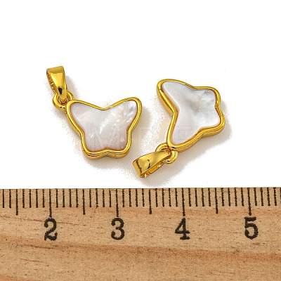 Rack Plating Brass Pave Natural White Shell Butterfly Charms KK-U025-01G-01-1