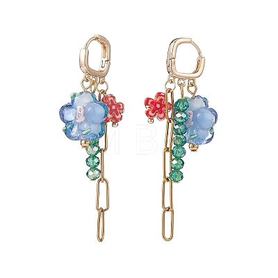 Lampwork Flower & Glass & Chain Tassel Long Dangle Hoop Earrings EJEW-TA00138-1