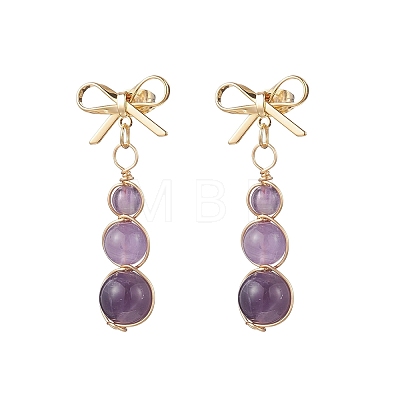 Natural Amethyst Bowknot with Round Dangle Stud Earrings EJEW-JE06780-02-1