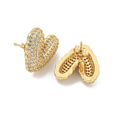 Heart Brass Pave Clear Cubic Zirconia Stud Earrings EJEW-M258-82G-1