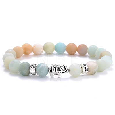 Ethnic Style Antique Silver Tone Alloy Elephant & Round Natural Flower Amazonite Beaded Stretch Bracelets for Women Men QP2163-7-1