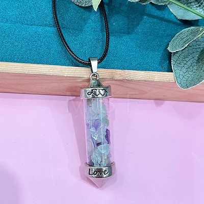 Zinc Alloy with Glass Hexagonal Bottle with Inner Natural Fluorite Chips Pendant Black PU Leather Cord Necklaces ZW0534-14-1