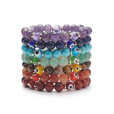 7Pcs 7 Style Natural & Synthetic Mixed Stone Stretch Bracelets Set with Lampwork Evil Eye Beaded BJEW-JB08771-1