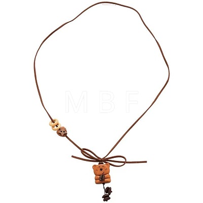 Coffee Bean & Wood Bear Pendant Adjustable Imitation Leather Cord Long Necklaces for Women WG79F39-01-1