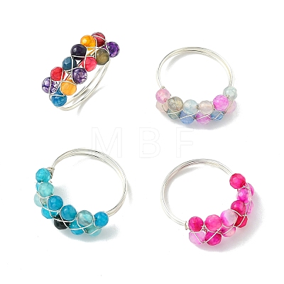 Copper Wire Wrapped Dyed & Heated Natural Agate Round Bead Finger Rings RJEW-JR01035-1