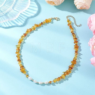 Natural Pearl Rice and Natural Amber Chip Beaded Necklaces NJEW-JN05883-1