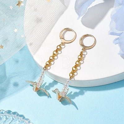 Origami Crane Brass Chain Dangle Earrings with Acrylic Beads EJEW-JE05887-1