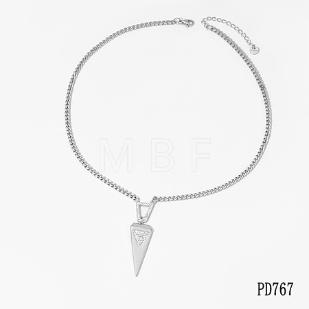 316 Surgical Stainless Steel Micro Pave Clear Cubic Zirconia Inverted Triangle Pendant Round Snake Chain Necklaces for Women WGB9601-02-1