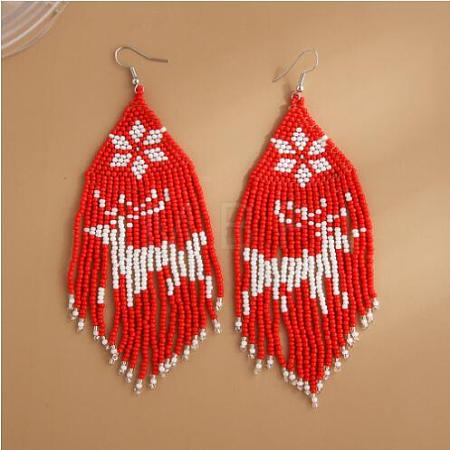 Boho Seed Bead Christmas Deer Tassel Earrings EJEW-Q380-03D-1