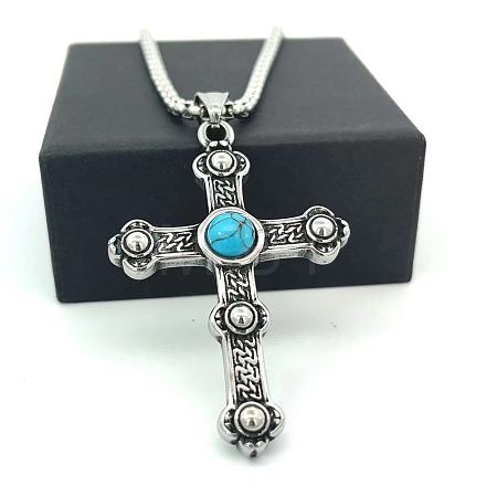 Vintage Stainless Steel Pave Synthetic Turquoise Cross Pendant Necklaces SX9473-1