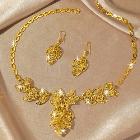 Hollow Leaf Brass Pendant Necklaces & Hoop Earrings Sets for Women FS-WGD13A8-01-1