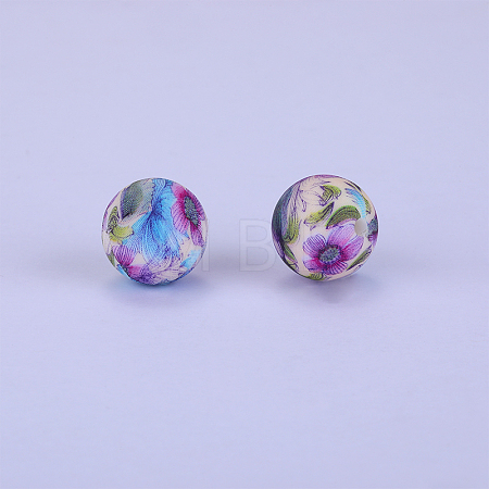 Printed Round with Flower Pattern Silicone Focal Beads SI-JX0056A-168-1