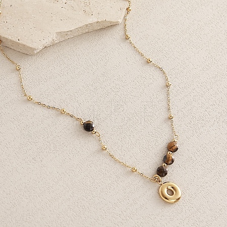 European Faceted Natural Tiger Eye 304 Stainless Steel Alphabet Pendant Necklaces QN9691-15-1
