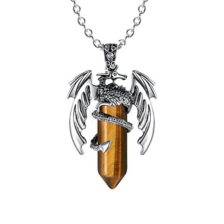 Natural Tiger Eye Bullet with Dragon Pendant Necklace with Zinc Alloy Chains PW-WG99720-01-1