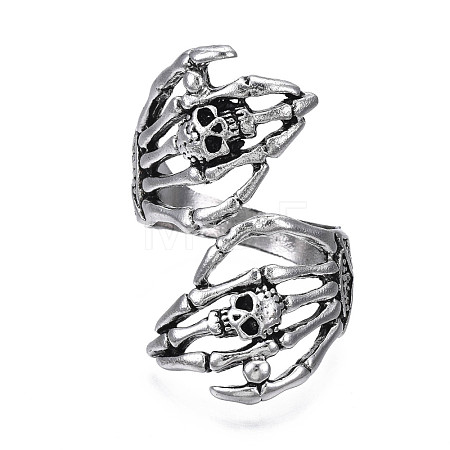 Gothic Punk Skull Hand Alloy Open Cuff Ring for Men Women RJEW-T009-57AS-1
