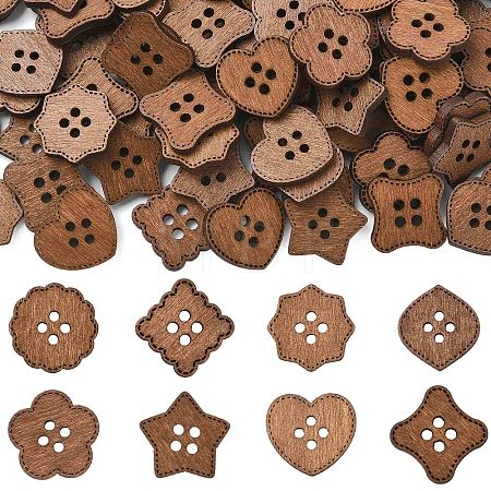 100Pcs 8 Styles 4-Hole Wood Buttons BUTT-FS0001-01B-1