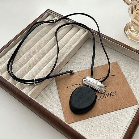 Wood & Alloy Oval Pendant Adjustable Black Waxed Cord Necklaces for Women WG6CE6E-03-1