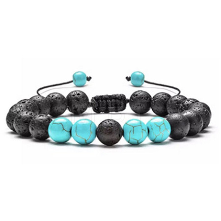 Adjustable Handstring Round Synthetic Turquoise & Natural Lava Rock Yoga Braided Bead Bracelets for Women Men LN5324-6-1