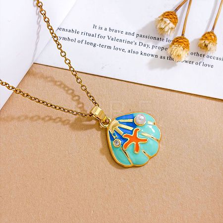 Ocean Brass Micro Pave Clear Cubic Zirconia Enamel Shell Shape Pendant Necklaces for Women WGFFEAA-04-1