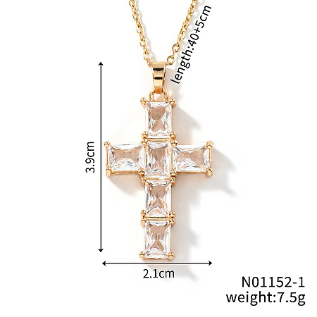 Brass Shiny Clear Cubic Zirconia Cross Pendant Necklaces Fashionable and Versatile NZ6047-1-1