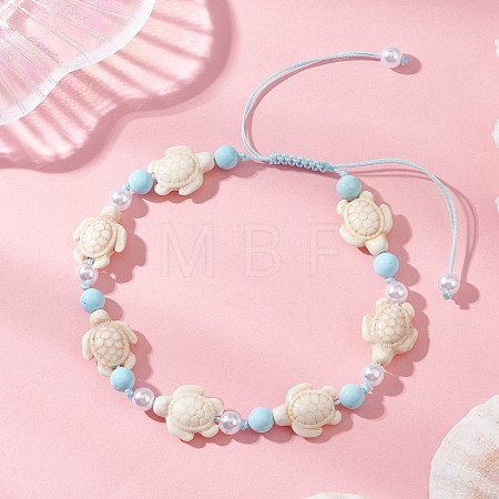 Adjustable Ocean Turtle Synthetic Turquoise & Dyed Round Natural Howlite & Imitation Pearl Braided Bead Anklets for Womem AJEW-AN00785-1