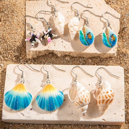 Shell Shape & Starfish Alloy Natural Shell Dangle Earrings FS-WGAC3B8-05-1