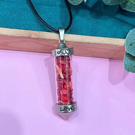 Zinc Alloy with Glass Hexagonal Bottle with Inner Synthetic Coral Chips Pendant Black PU Leather Cord Necklaces ZW0534-18-1
