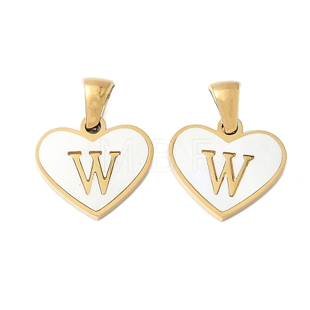 304 Stainless Steel Pave Natural White Shell Heart with Initial Slice Pendants STAS-R168-25G-W-1