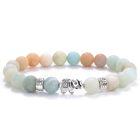 Ethnic Style Antique Silver Tone Alloy Elephant & Round Natural Flower Amazonite Beaded Stretch Bracelets for Women Men QP2163-7-1
