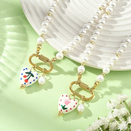 2Pcs 2 Colors Handmade Printed Floral Porcelain Heart & 304 Stainless Steel Pendant Round White Shell Pearl Beaded Necklaces for Women NJEW-JN06391-1